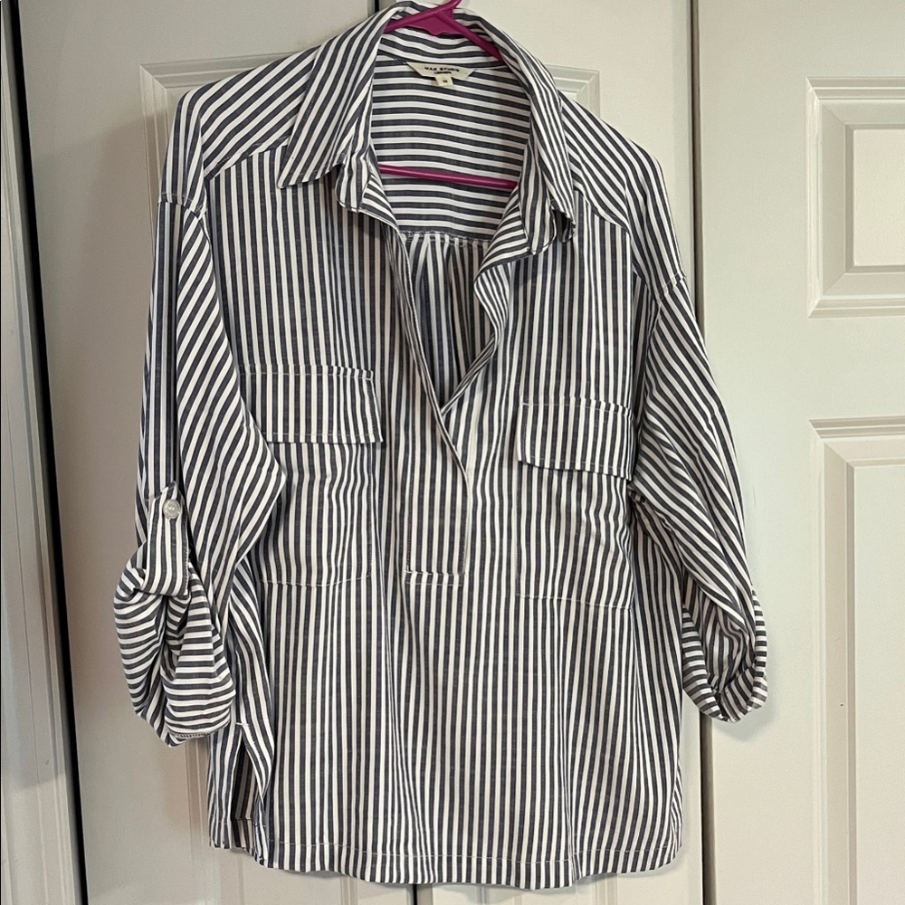 Max Studio Grey/Blue and White Striped Lightweight Tunic